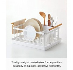 Yamazaki 홈 싱크대 탈착식 배수 트레이, 주방 건조용 정리함 홀더, 단일 사이즈, 흰색 강철 + 목재 | 접시걸이