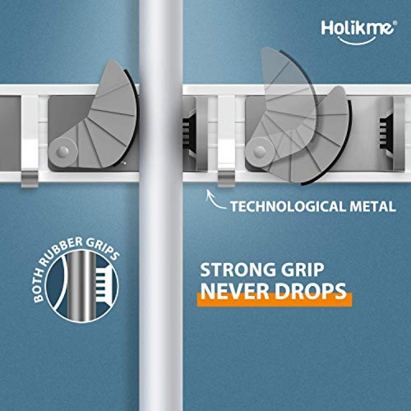 Holikme 걸레 빗자루 홀더 벽걸이형 금속 식료품 저장실 조직 및 보관 정원 주방 도구 주최자 가정 용품용 벽 걸이(4개 후크가 있는 4개 위치, 은색)