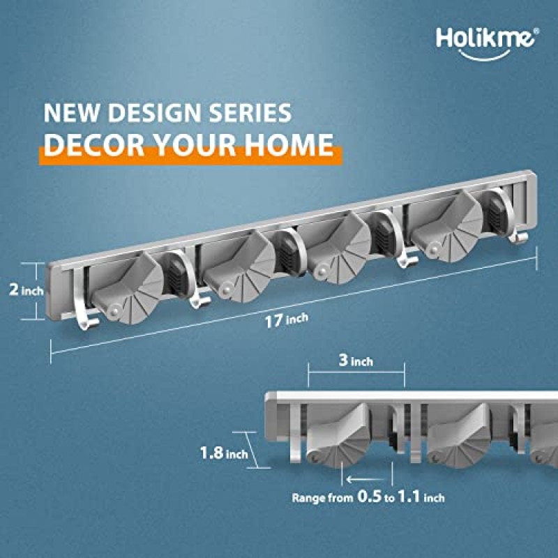 Holikme 걸레 빗자루 홀더 벽걸이형 금속 식료품 저장실 조직 및 보관 정원 주방 도구 주최자 가정 용품용 벽 걸이(4개 후크가 있는 4개 위치, 은색)