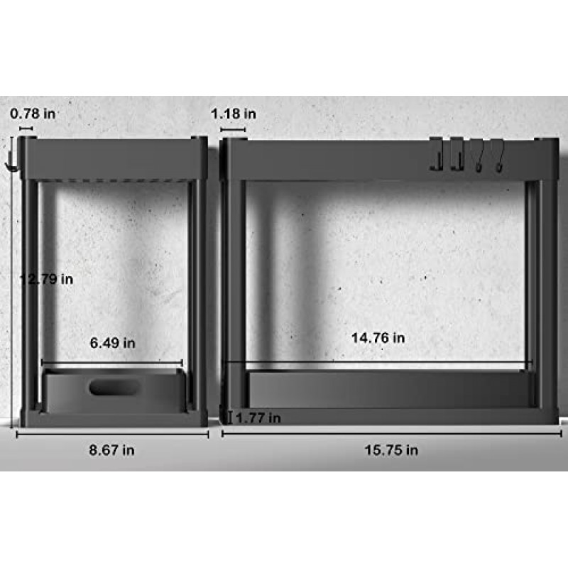 2PC 언더 싱크 오거나이저 랙 2단 언더 슬라이딩 캐비닛 바구니 오거나이저 서랍(후크 4개 포함), 욕실 주방 데스크탑용 다용도 언더 싱크 보관함(검은색)