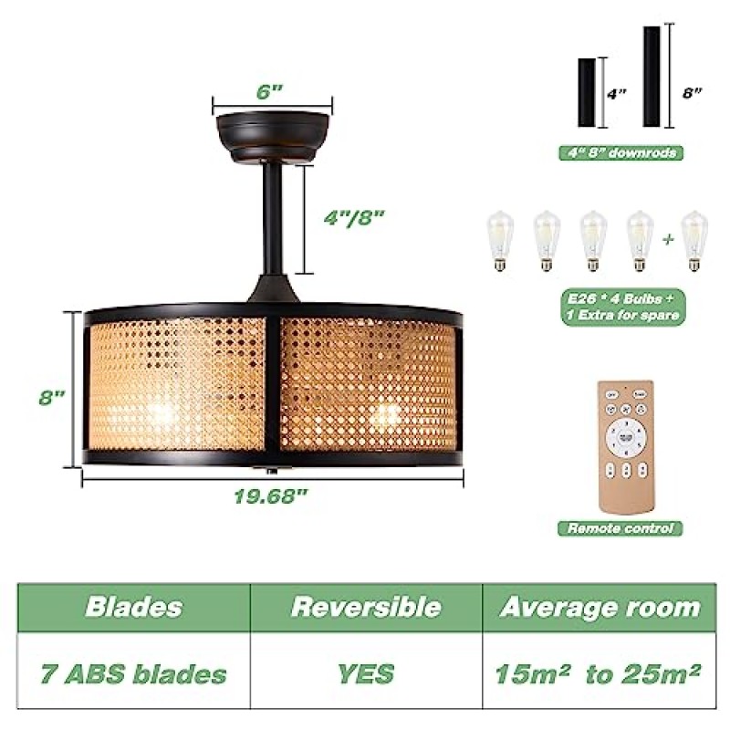 HOMKEA 20인치 케이지 천장 팬(조명 및 원격 포함), 로우 프로파일 농가 블레이드리스 천장 팬 키트(전구 5개, 6 속도 베란다, 파티오, 주방, 침실, 홈 오피스용 역방향 천장 팬 포함)