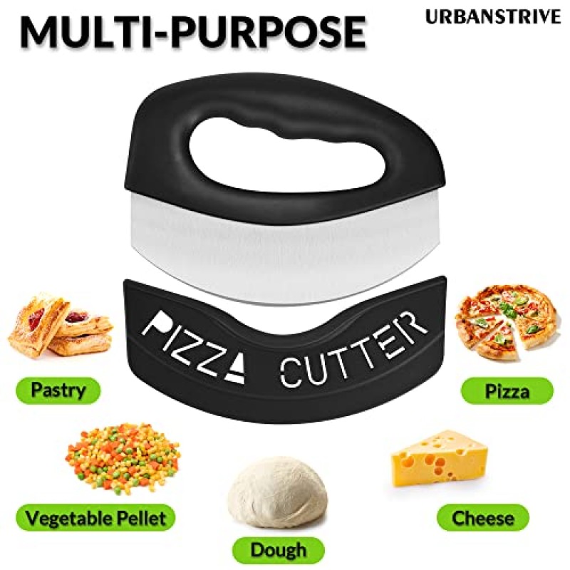 Urbanstrive 헤비듀티 스테인레스 스틸 피자 커터(커버 포함), 슈퍼 샤프 블레이드 피자 나이프 피자 커터 로커, 피자 커팅 홈 필수품을 위한 완벽한 주방 가제트, 블랙