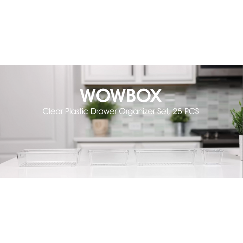 WOWBOX 25 PCS 투명 플라스틱 서랍 정리 세트, 4가지 크기 책상 서랍 분배기 정리 및 메이크업, 보석, 부엌, 침실, 욕실, 사무실용 가제트용 보관함