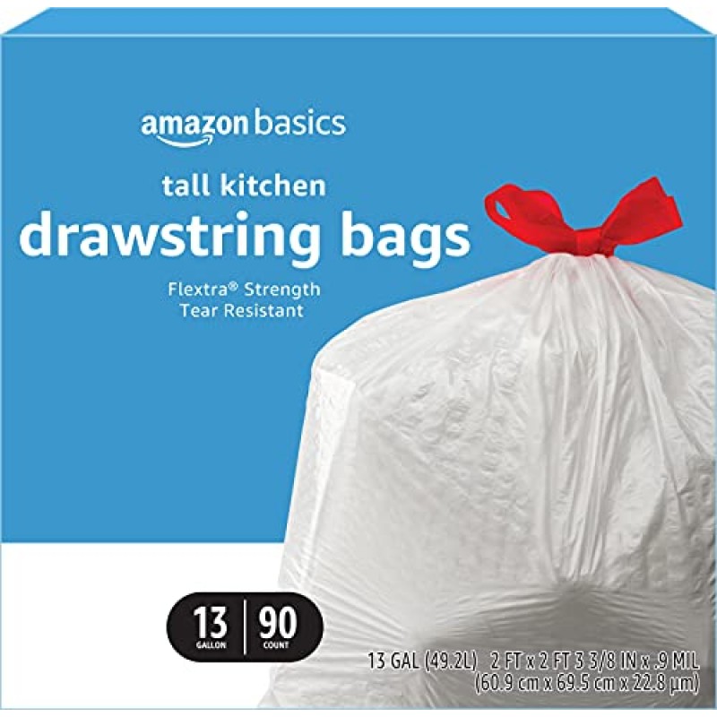Amazon Basics Flextra Tall 주방용 조임끈 쓰레기 봉투, 무향, 13갤런, 90개