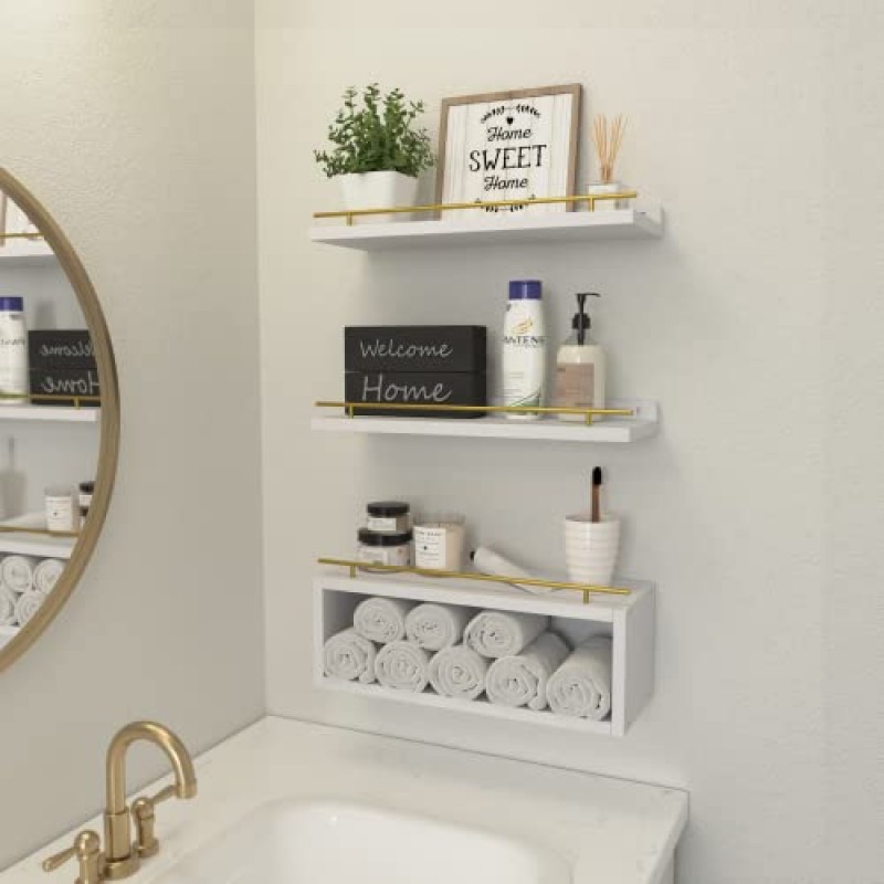 WOPITUES 추가 큐브 선반이 있는 플로팅 선반, 금색 금속 레일이 있는 벽 장식용 선반, 침실, 욕실, 주방, 거실, 식물, 그림, 화장지용 벽 선반 - 흰색 금색