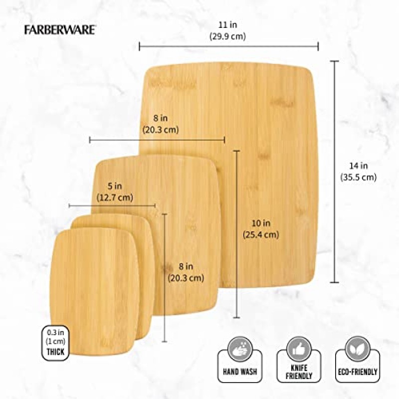 Farberware 4피스 주방 식사 준비 및 서빙용 양면 도마, Charcuterie 보드 세트, 목재 도마, 다양한 크기, 대나무