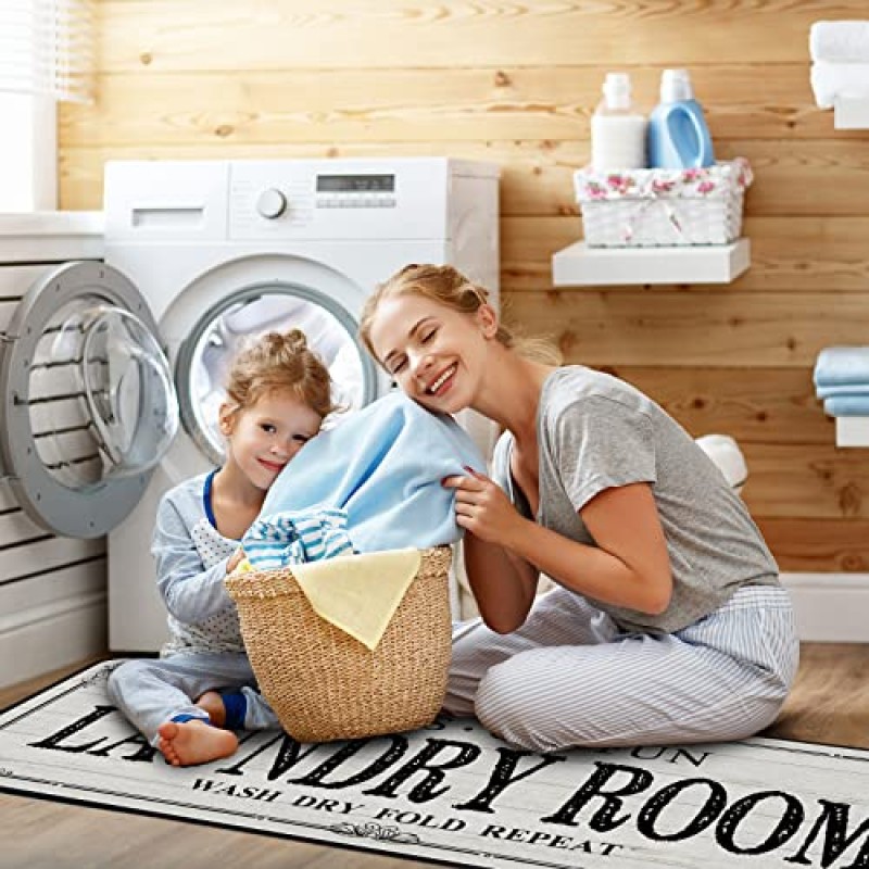 ROMAMIGO 세탁실 러그 러너 미끄럼 방지 세탁 매트 머드룸 러너 농가 주방 바닥 매트 욕실 세탁실 장식 액세서리(베이지색, 20X47인치)