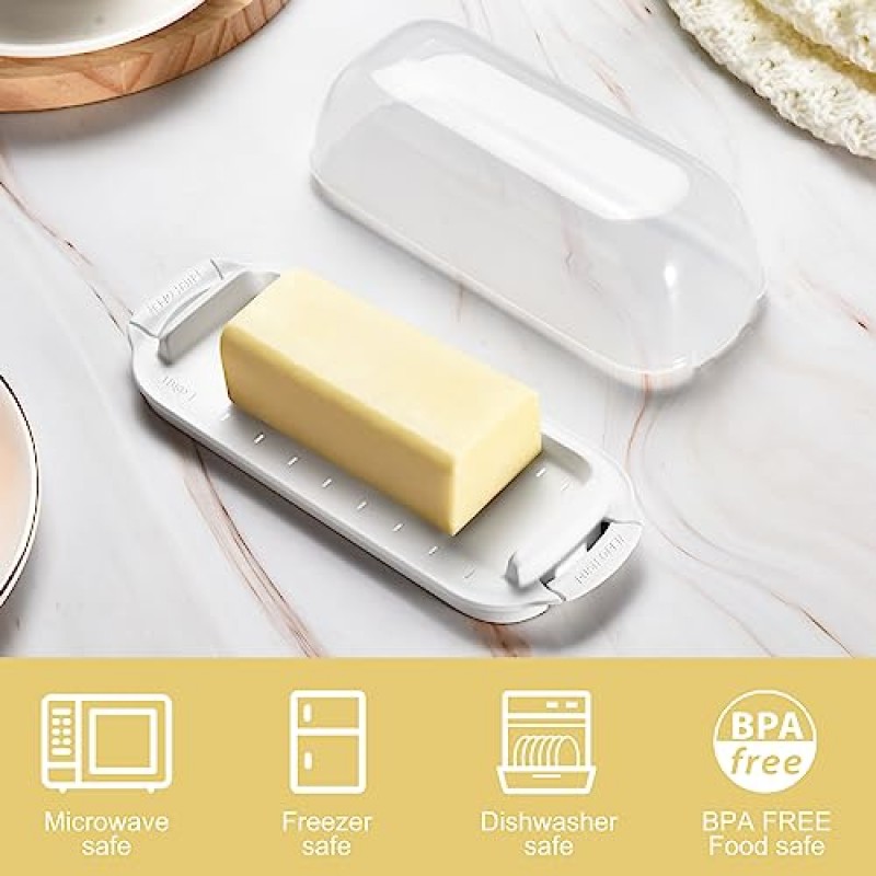 투명한 뚜껑이 있는 버터 접시, 조리대용 버터 용기 고정 장치, 가정용 주방 장식을 위한 깨지지 않는 버터 키퍼, 동부/서해안 버터에 적합, BPA 무첨가, 전자레인지/식기 세척기 사용 가능(흰색)