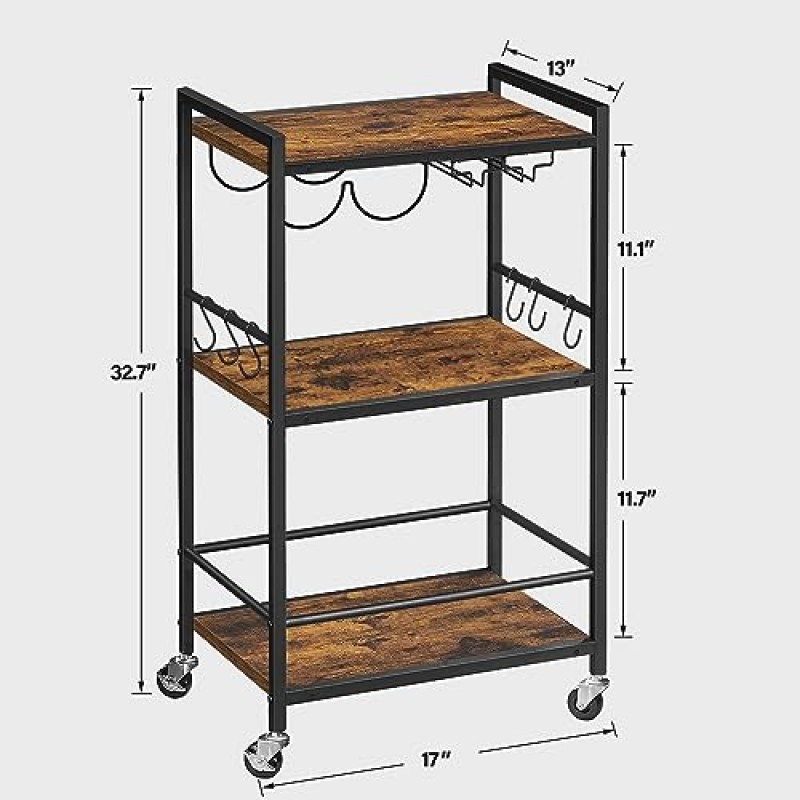 TUTOTAK 바 카트, 홈 바 서빙 카트, ​​전자레인지 카트, 음료 카트, 와인 랙과 유리 홀더가 있는 이동식 주방 선반, 거실용 롤링 음료 카트, 주방, 브라운 BC01BB032