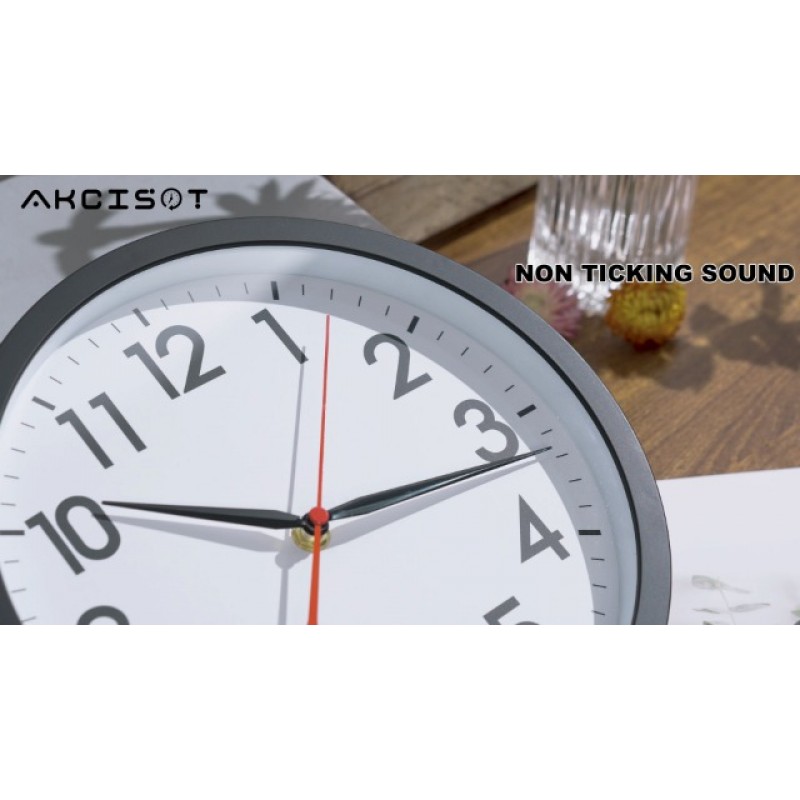 AKCISOT 벽시계 10인치 무음 무소음 현대식 시계 배터리 작동 - 사무실, 가정, 욕실, 주방, 침실, 학교, 거실용 아날로그 소형 클래식(검은색)