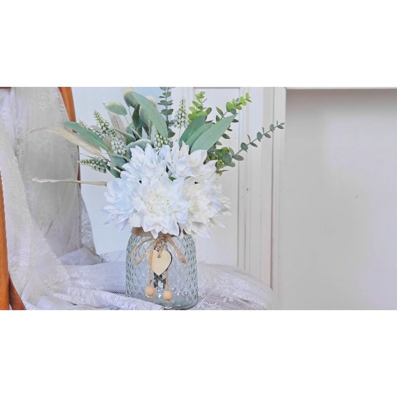 꽃병이 있는 가짜 꽃, 꽃병에 들어 있는 인공 실크 꽃, 가짜 식물 유칼립투스와 버드나무, 가정용 꽃꽂이 농가 주방 식탁 중앙 장식 장식 커피 테이블 장식(흰색)