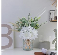 꽃병이 있는 가짜 꽃, 꽃병에 들어 있는 인공 실크 꽃, 가짜 식물 유칼립투스와 버드나무, 가정용 꽃꽂이 농가 주방 식탁 중앙 장식 장식 커피 테이블 장식(흰색)