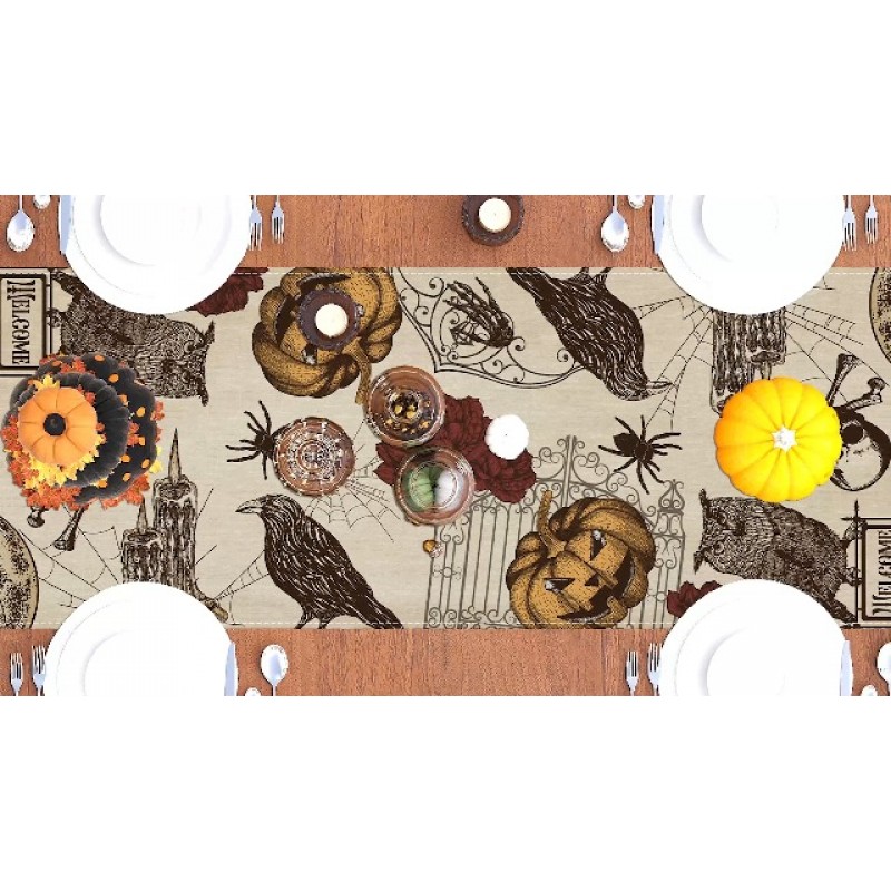 Rvsticty 린넨 레트로 할로윈 테이블 러너 할로윈 고딕 해골 식탁보 죽은 장미의 날 해골 장식 할로윈 장식 및 홈 주방 테이블-13×72' 용품