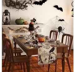 Rvsticty 린넨 레트로 할로윈 테이블 러너 할로윈 고딕 해골 식탁보 죽은 장미의 날 해골 장식 할로윈 장식 및 홈 주방 테이블-13×72' 용품