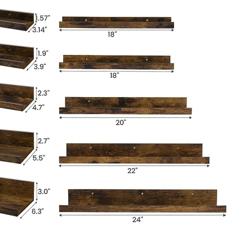 Upsimples 벽 장식 보관을 위한 홈 플로팅 선반, 벽 선반 5개 세트, 작은 그림 선반 농가 선반, 침실, 거실, 욕실, 주방, 갈색을 위한 벽걸이형 목재 선반