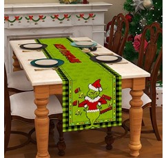 FARMNALL 리넨 그린 크리스마스 테이블 러너 메리 Grinchmas 식탁보 크리스마스 크리스마스 겨울 휴가 홈 주방 테이블 장식 13x72 인치
