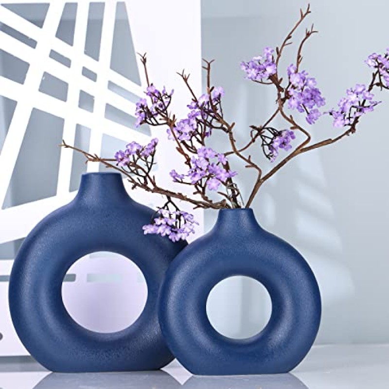 홈 장식용 블루 세라믹 꽃병 - 원형 꽃병 2개로 구성된 파란색 꽃병 현대 네이비 블루 장식 - 주방 테이블, 거실 사이드 테이블, 벽난로 또는 꽃집을 위한 홈 장식