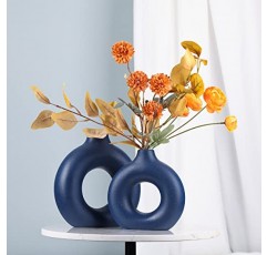 홈 장식용 블루 세라믹 꽃병 - 원형 꽃병 2개로 구성된 파란색 꽃병 현대 네이비 블루 장식 - 주방 테이블, 거실 사이드 테이블, 벽난로 또는 꽃집을 위한 홈 장식