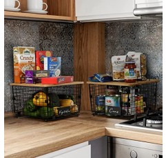 대나무 상판이 있는 쌓을 수 있는 주방 카운터 바구니 2개 세트 - 식품 저장실 정리 및 보관용 와이어 정리 바구니 - 농산물, 과일, 야채(양파, 감자), 빵을 위한 캐비닛 조리대 정리함
