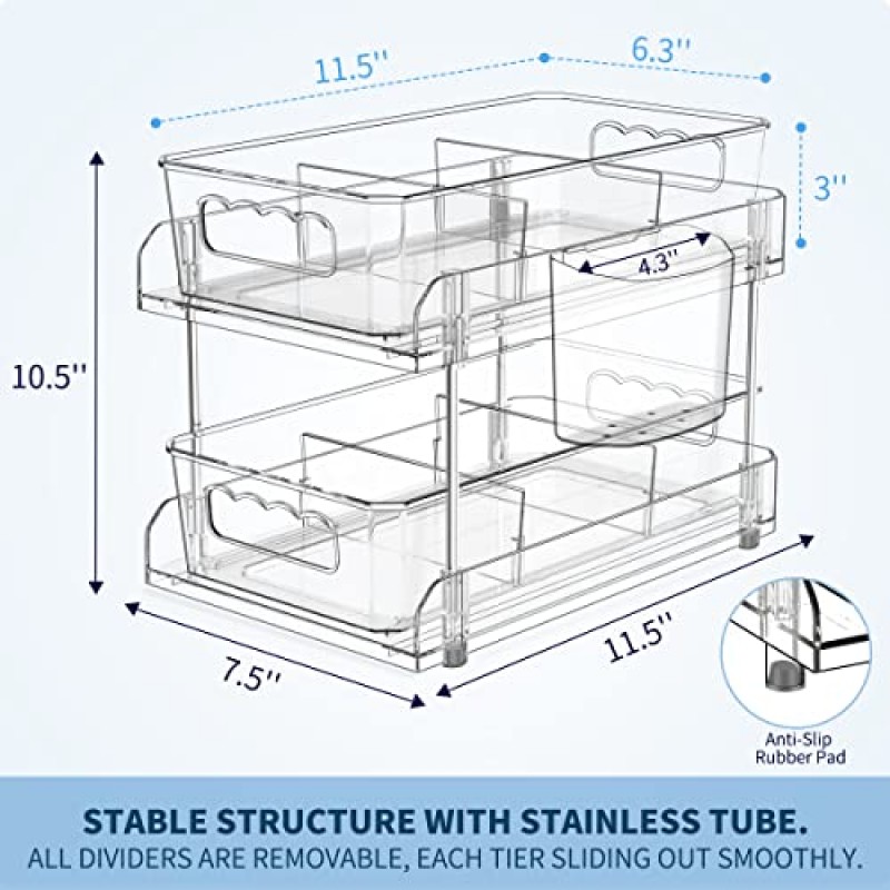 칸막이가 있는 2단 투명 정리함, 식료품 저장실 정리 다목적 슬라이드아웃 욕실, 주방 약품 수납함, 싱크대 아래 정리함 및 보관함, 2팩