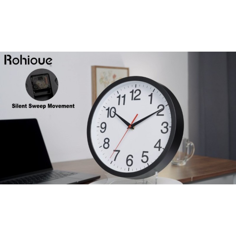 Rohioue 12인치 벽시계, 현대식 배터리 작동식 벽시계, 무음 비 틱킹 아날로그 시계, 침실, 사무실, 거실, 집, 부엌, 욕실(검은색)