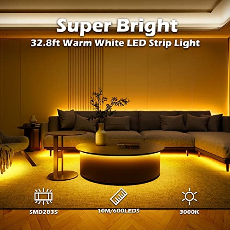 32.8피트 온백색 LED 스트립 조명, KIKO10m 슈퍼 브라이트 600개 LED, 3000K 디밍 가능 라이트 스트립(컨트롤 박스 포함), 2835 LED 12V 유연한 스트립 테이프 조명(캐비닛, 가정, 주방, 침실용)
