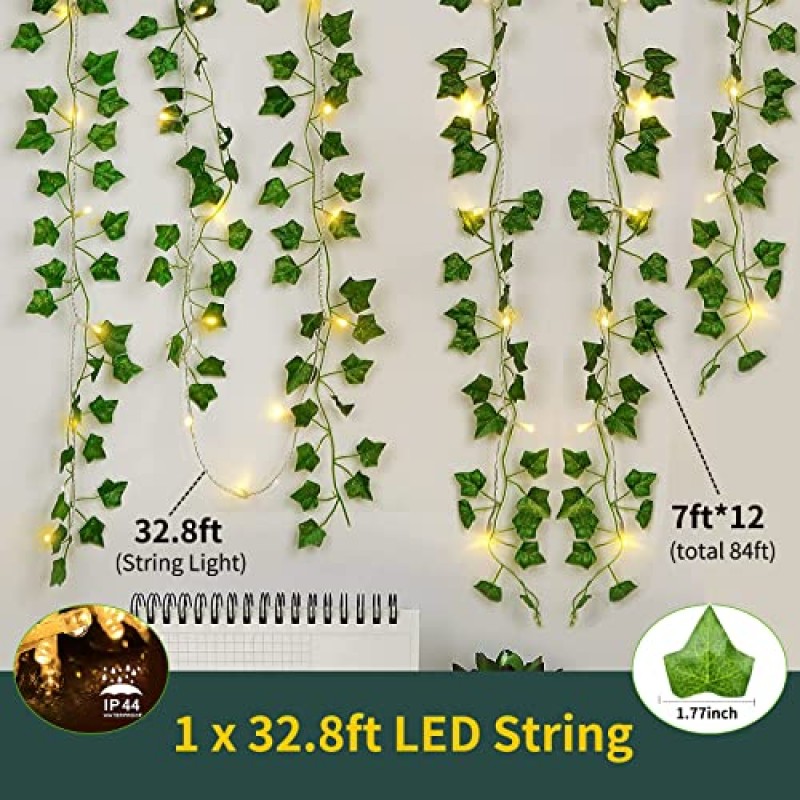 KASZOO 84Ft 12 팩 인공 아이비 화환 가짜 식물, 덩굴 매달려 화환 80 LED 스트링 조명, 가정용 부엌 정원 사무실 웨딩 벽 장식, 녹색 매달려