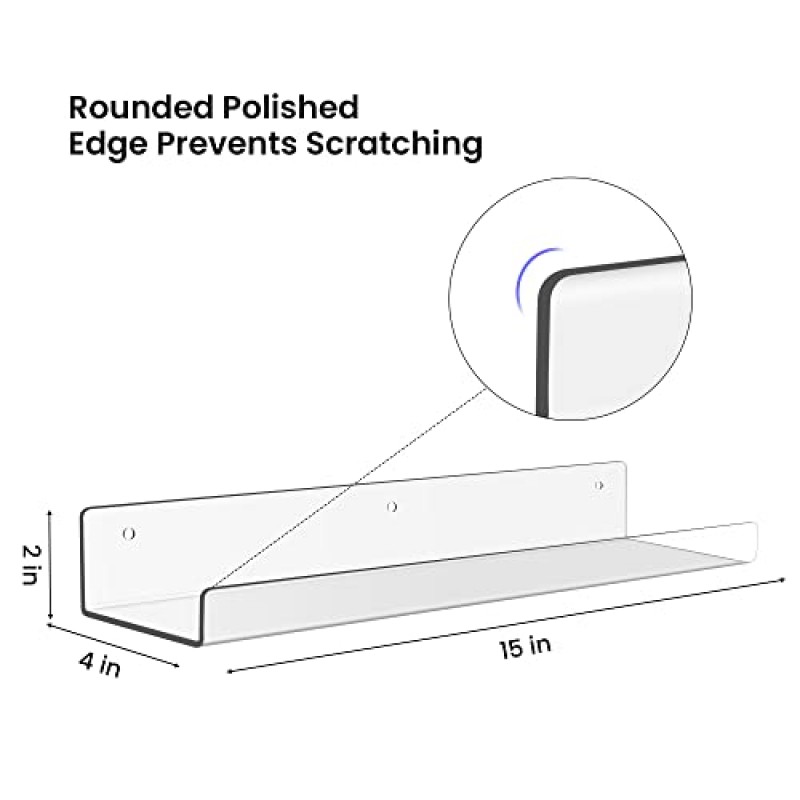 upsimples 벽 수납용 투명 아크릴 선반, 벽걸이형 15인치 아크릴 플로팅 선반, 어린이 책장, 침실, 거실, 욕실, 주방용 디스플레이 선반 벽 선반, 10개 세트