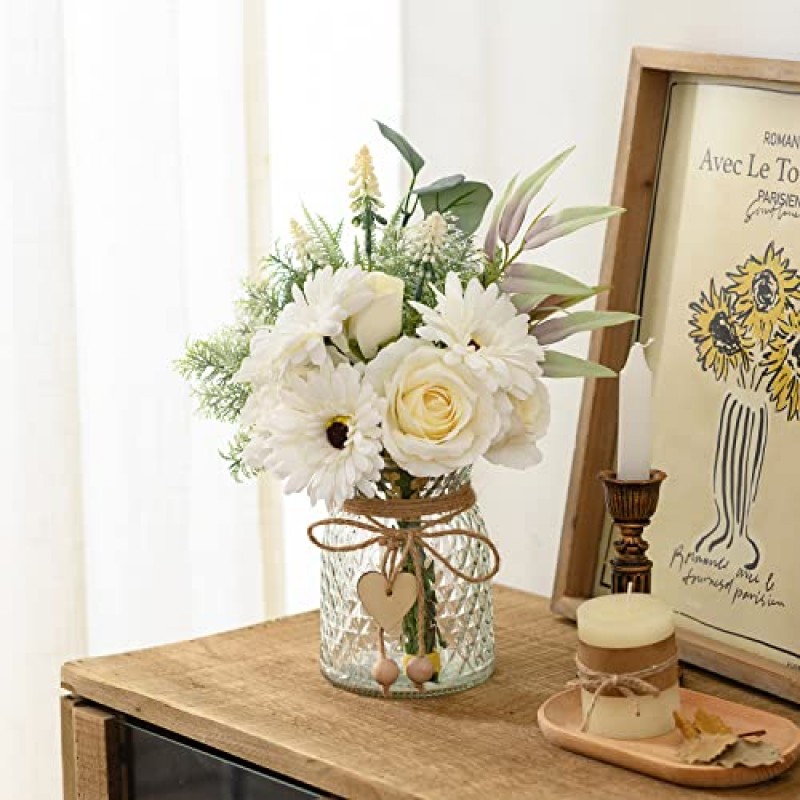COZZI CODI 꽃병이 있는 인공 흰색 꽃, 가정 장식을 위한 가짜 꽃꽂이, 농가 커피 테이블 장식을 위한 가짜 꽃, 집 주방 중앙 장식품 테이블 장식