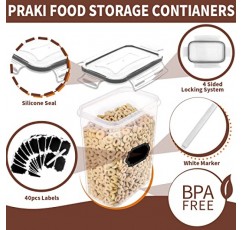 PRAKI 뚜껑이 있는 밀폐 식품 저장 용기 세트 - 24개, BPA가 없는 주방 및 식료품 저장실 정리, 시리얼 밀가루 및 설탕용 플라스틱 누출 방지 용기 - 라벨 및 마커, 회색