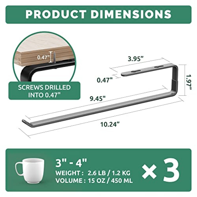 Amazer 머그 랙 3 팩, 캐비닛 아래에 견고한 금속 커피 머그 홀더, 캐비닛 아래에 머그 후크 걸기, 커피 컵 및 주방 용품 보관용 선반 아래 머그 주최자 머그 행거 표시, 블랙