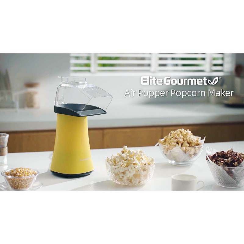 Elite Gourmet Fast Hot Air 팝콘 포퍼, 측정 컵 및 버터 녹는 트레이가 포함된 1300W 전기 팝콘 제조기, 오일 프리, 홈 파티 어린이에게 적합, 안전 ETL 승인, 4쿼트, 노란색