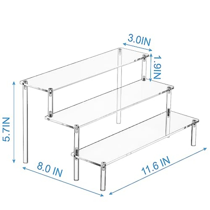 HENABLE 대형 아크릴 디스플레이 라이저, 향수 스탠드 정리함, 식품용 디스플레이 스탠드용 투명 아크릴 선반 라이저, 탁상용, Amiibo Funko POP 피규어, 3단 투명 컵케이크 스탠드 라이저
