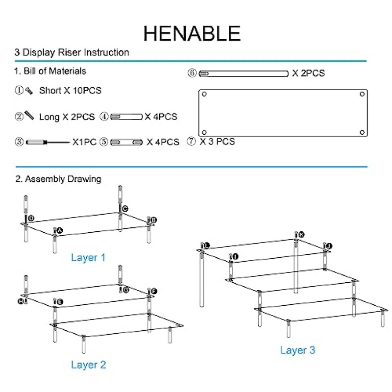 HENABLE 대형 아크릴 디스플레이 라이저, 향수 스탠드 정리함, 식품용 디스플레이 스탠드용 투명 아크릴 선반 라이저, 탁상용, Amiibo Funko POP 피규어, 3단 투명 컵케이크 스탠드 라이저