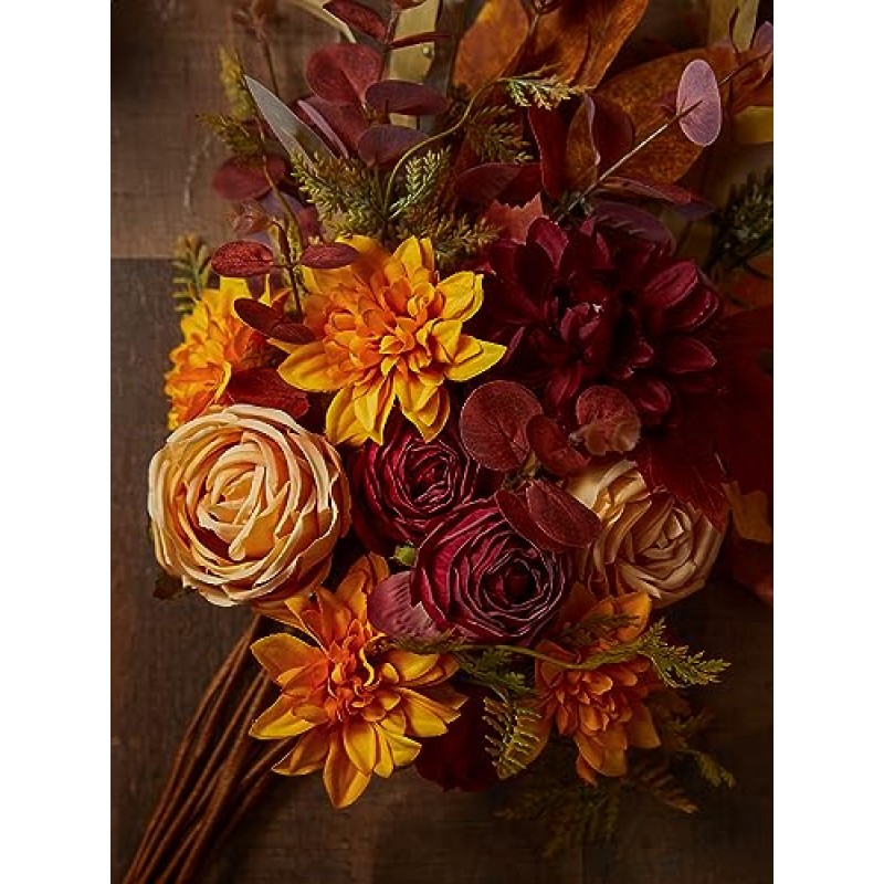 안나의 기발한 10개 추수감사절을 위한 가을 꽃 꽃다발, 테이블 장식을 위한 가짜 꽃, 현관문을 위한 농가 꽃꽂이 장식, 가을의 웨딩 센터피스 꽃다발(달리아)