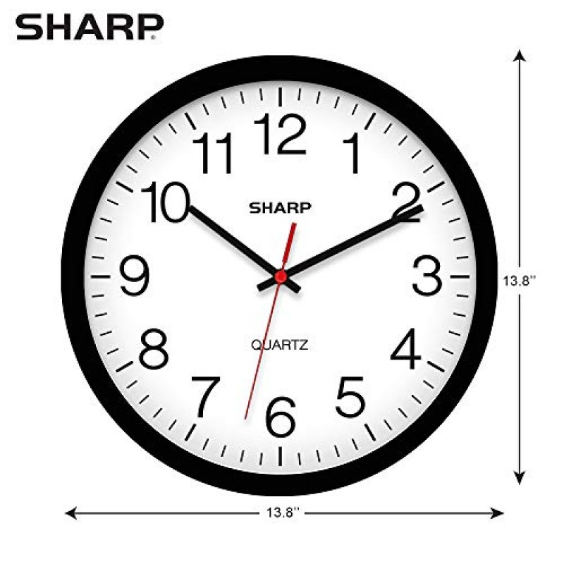 SHARP 벽시계 – 검정색, 무소음 똑딱거리지 않는 14인치 품질 석영 배터리 작동 원형 읽기 쉬운 가정/주방/사무실/교실/학교 시계, 스위프 무브먼트