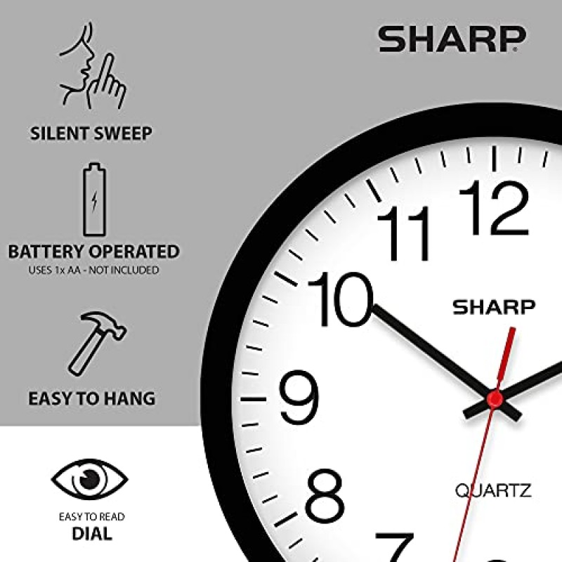 SHARP 벽시계 – 검정색, 무소음 똑딱거리지 않는 14인치 품질 석영 배터리 작동 원형 읽기 쉬운 가정/주방/사무실/교실/학교 시계, 스위프 무브먼트