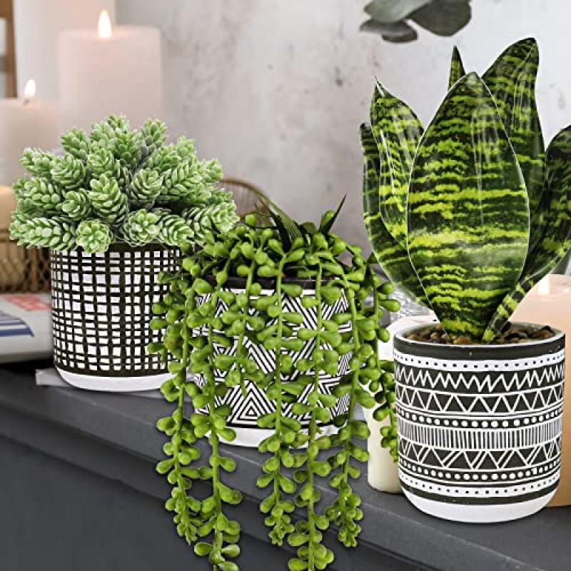 Winlyn 3 Pcs 작은 화분에 심은 식물 현대 가정 부엌 창턱 테이블 선반 실내 옥외 녹지 장식을위한 검은 기하학 냄비에 식물과 가짜 열대 뱀 식물을 매달아 놓은 인공 다육 식물