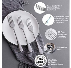 디너 포크, 16개 최고 식품 등급 스테인레스 스틸 은식기 포크 세트, 테이블 포크, 플랫웨어 포크, 8인치, 거울 마감 및 식기 세척기 안전, 가정, 주방 또는 식당에서 사용