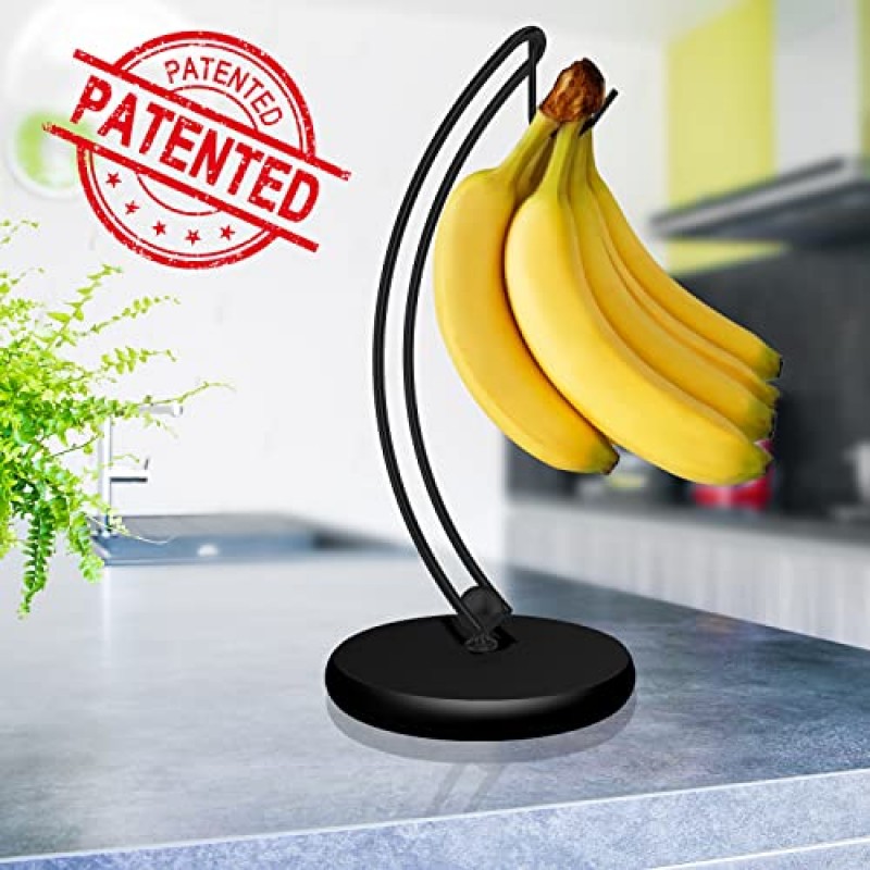 Signice 바나나 홀더 스탠드 - 가정용 주방용 목재 베이스 스테인레스 스틸 바나나 랙이 있는 최신 특허받은 현대식 바나나 나무 걸이, 넘어지지 않음(풀 블랙)