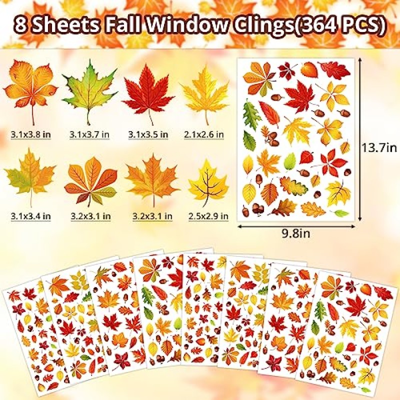 364 PCS 가을 창 Clings, 유리창 용 양면 가을 창 Clings, 추수 감사절 할로윈 계절 휴일을위한 창 Clings 스티커, 가정 가을 장식용 가을 장식 (8 대형 시트)