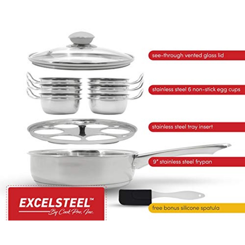 EXCELSTEEL 붙지 않는 쉬운 사용 녹 방지 홈 주방 아침 식사 브런치 유도 쿡탑 계란 밀렵꾼, 6 컵, 스테인레스 스틸, 라운드