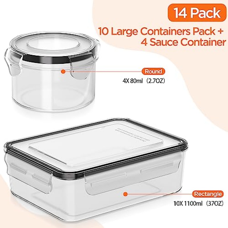 JSCARES 밀폐 식품 보관 용기 - 28개(뚜껑 14개 및 용기 14개) BPA가 없는 전자레인지 식기세척기/냉동고 식사 준비 및 남은 음식을 위한 주방 조직용 안전한 플라스틱 식품 용기 세트