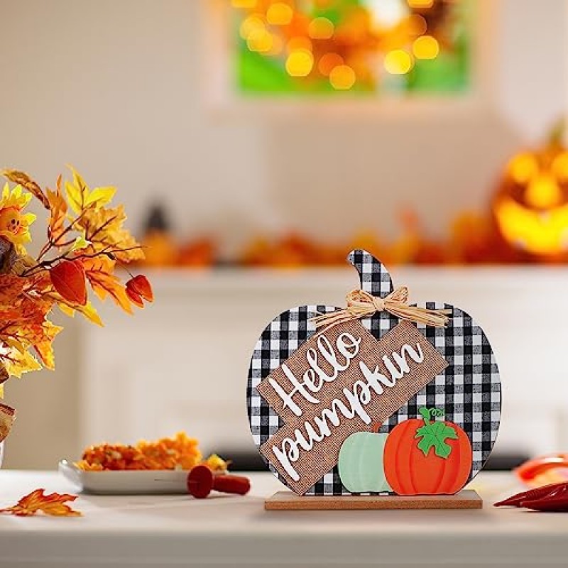 가을 장식, 테이블, 벽난로 맨틀 및 책상 장식용 나무 버팔로 격자 무늬 호박 기호 - 가정용 농가 가을 장식