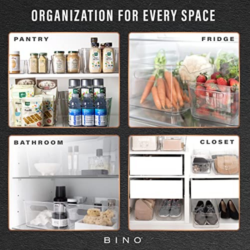 비노 | 플라스틱 정리함, 대형 - 4팩 | 소호 컬렉션 | 다용도 | 식료품 저장실 및 냉동고 정리함 | 가정 및 주방 조직을 위한 플라스틱 보관 용기