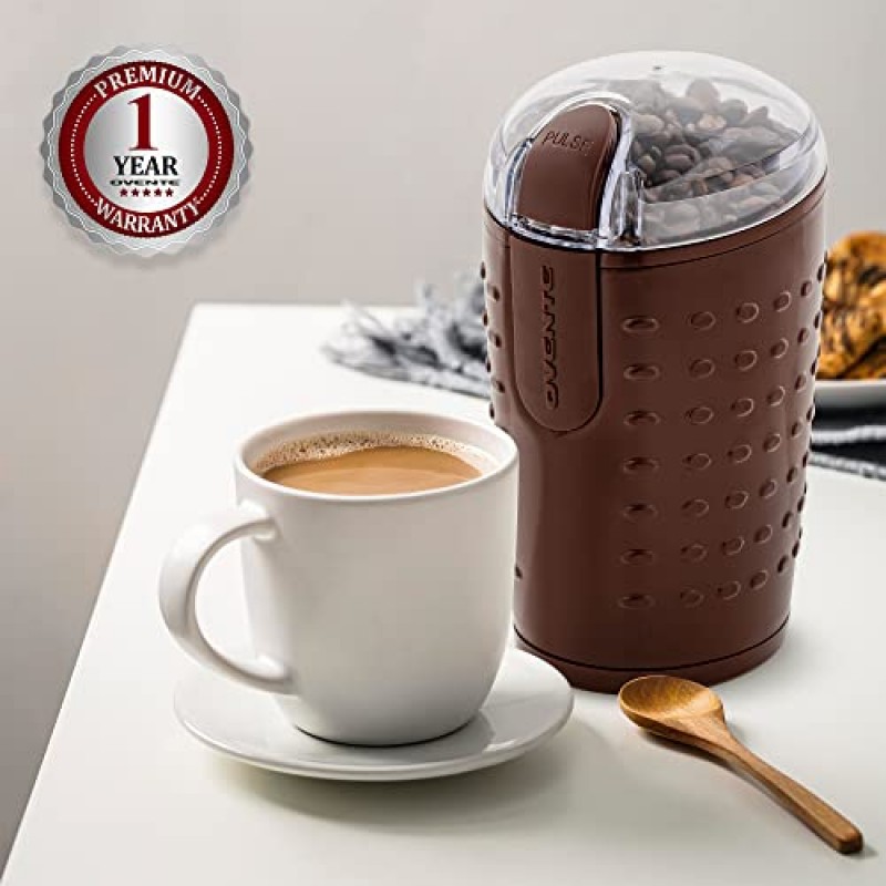 OVENTE 전기 커피 그라인더 - 콩 향신료 허브와 차용 스테인레스 블레이드가 있는 소형 휴대용 및 소형 그라인딩 밀, 가정 및 주방에 적합 - 브라운 CG225BR