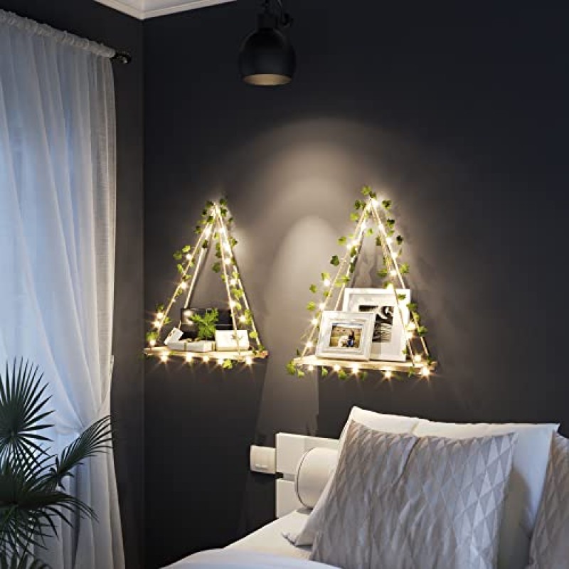 RICHER HOUSE 인공 아이비 LED 스트립 벽걸이 선반 2개 세트, 침실 욕실 거실 주방용 마크라메 선반, 벽 장식용 나무 걸이 식물 선반
