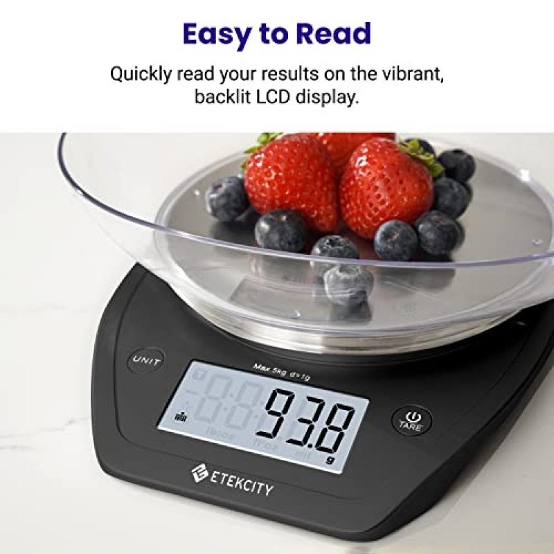 Etekcity 0.1g 식품 저울, 그릇, 체중 감량, 다이어트, 베이킹, 요리 및 식사 준비를 위한 디지털 그램 및 온스, 11lb/5kg, 스테인레스 스틸 블랙