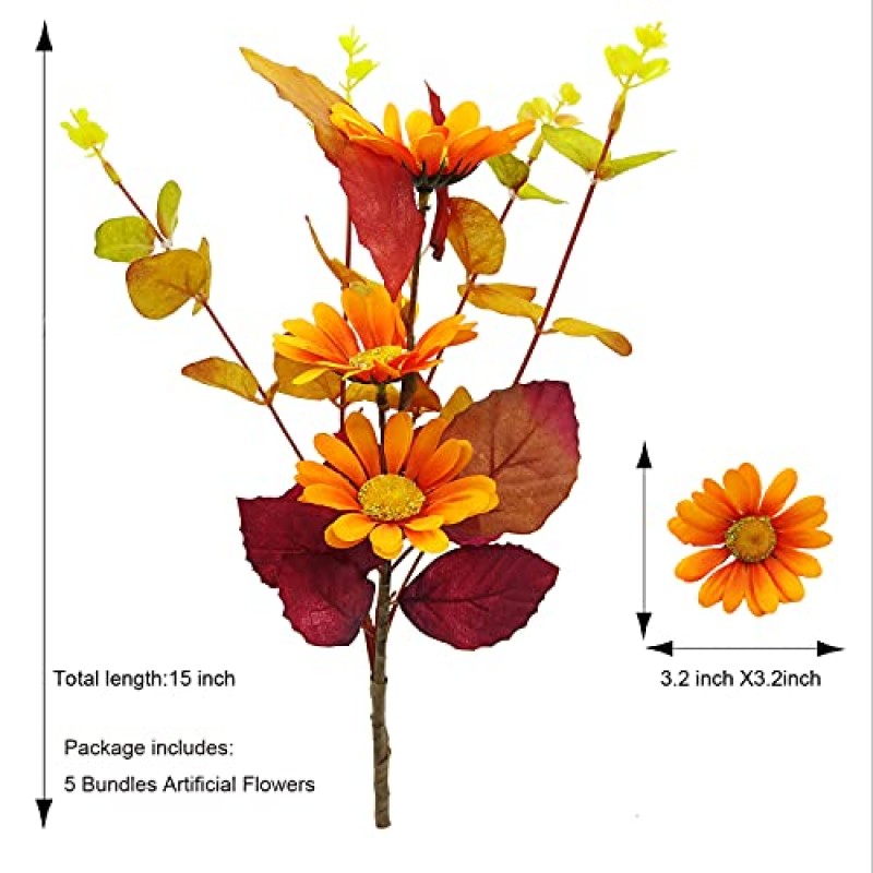 CORVYUC 5 묶음 실크 가을 가짜 꽃 꽃다발 인공 해바라기와 가을 유칼립투스 잎 줄기 식물 가정용 부엌 추수 감사절 크리스마스 축제 장식 (오렌지 레드)