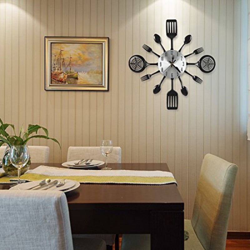 CIGERA 16인치 대형 주방 벽시계, 숟가락과 포크, 훌륭한 가정 장식 및 멋진 선물, 블랙